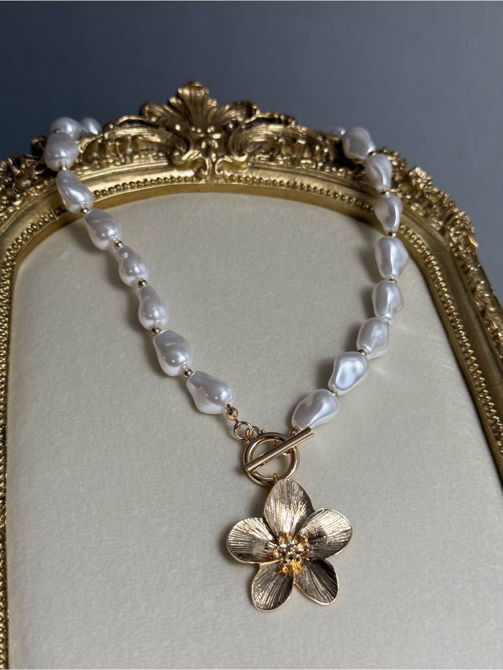 Gold Floral Pendant Freshwater Pearl Necklace - White